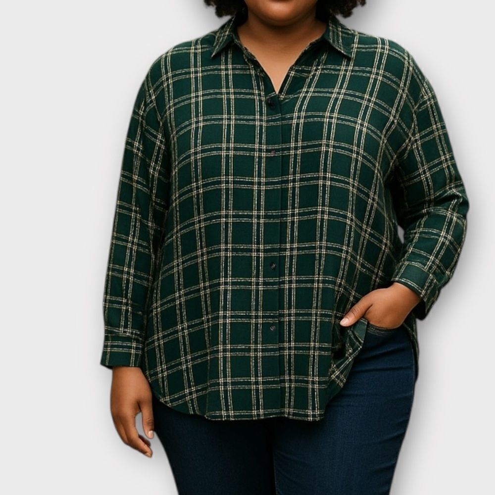 The Limited Plaid Button Up Blouse Green 1X